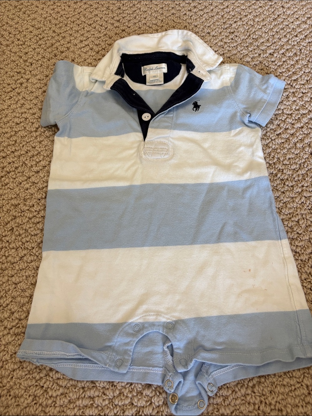 Baby Ralph Lauren Light Blue & White Striped Polo One-Piece 12 Months